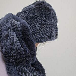 Elegant Fur Hooded Scarf - Dark Blue